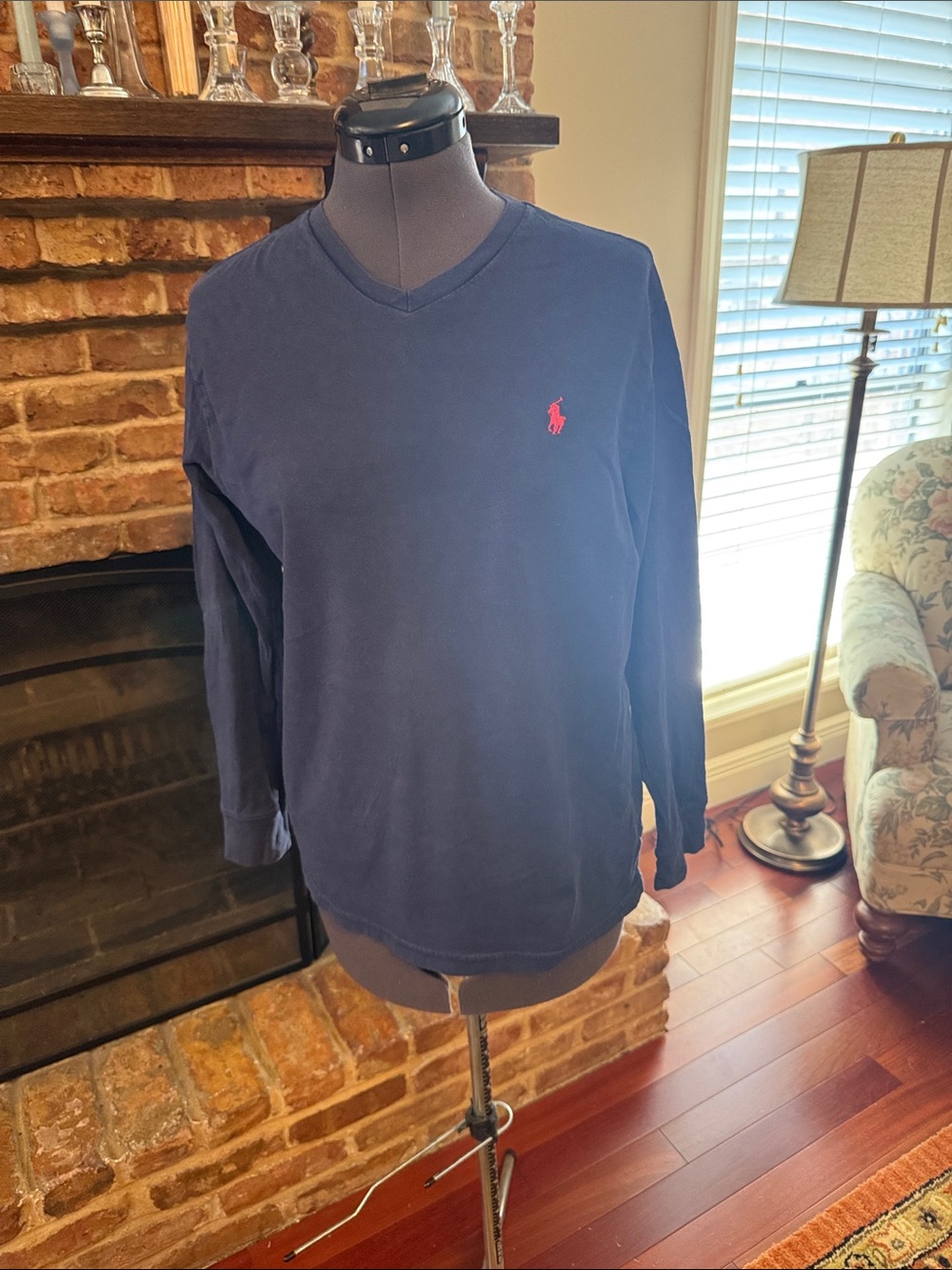 Polo by Ralph Lauren Navy V-Neck Long Sleeve Shirt with Red Pony